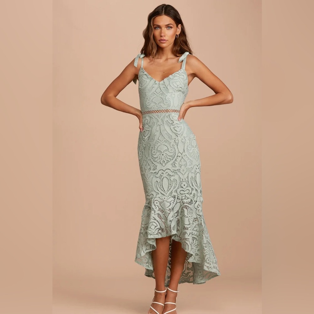 LULUS 🍵 Won Your Heart | Sage Green Lace Tie-Strap High-Low Midi Dress Medium